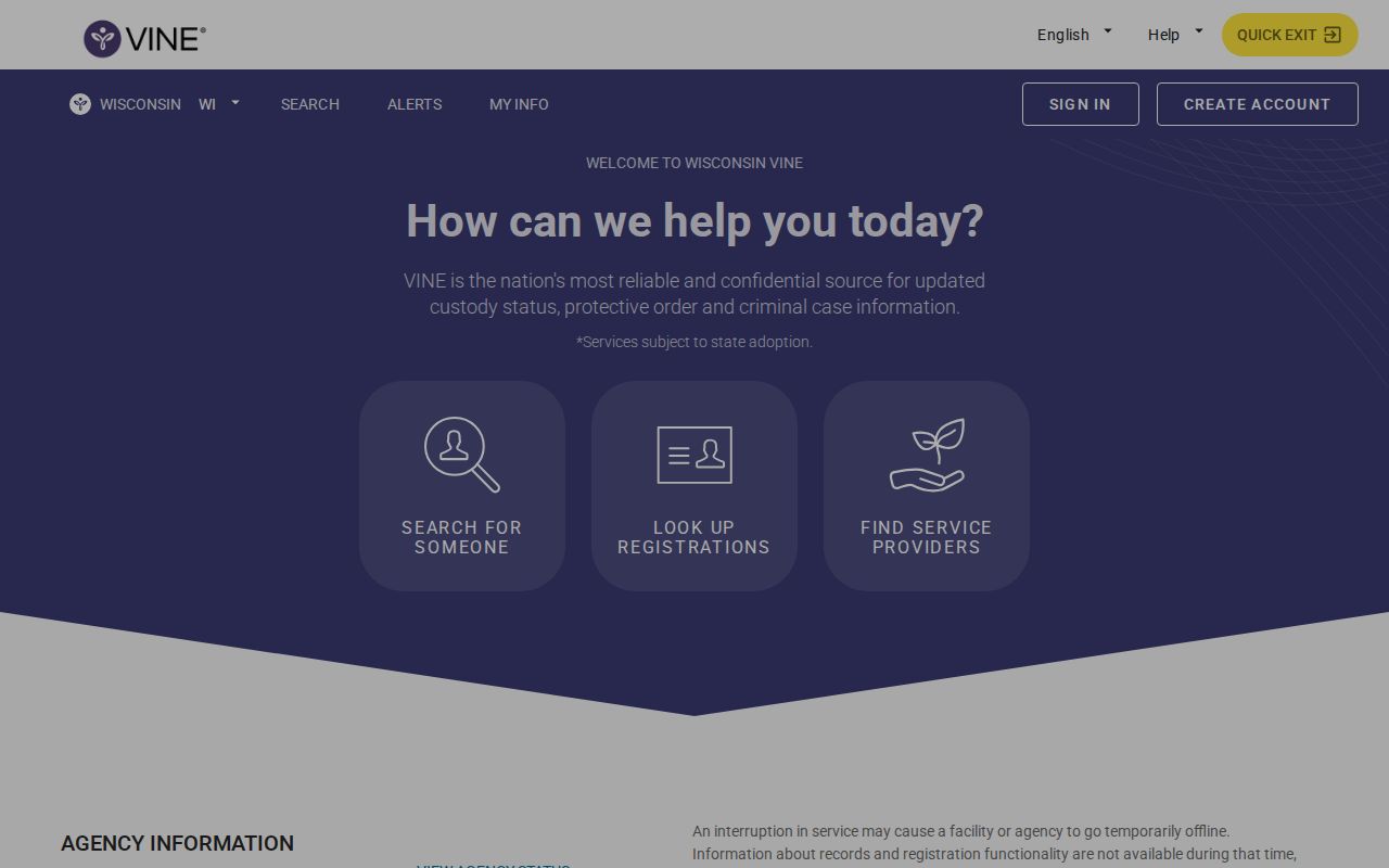 Wisconsin VINELink custody search and notification interface