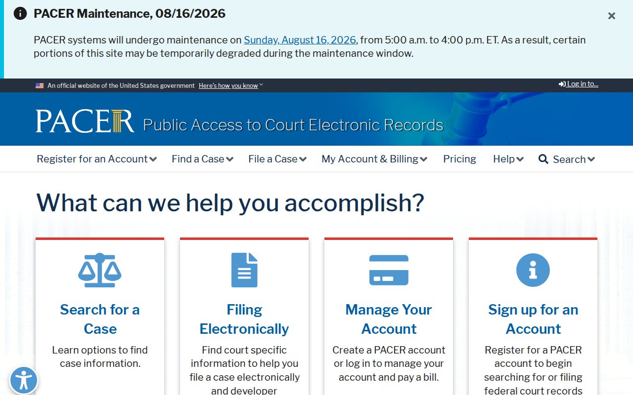 PACER federal court case access website