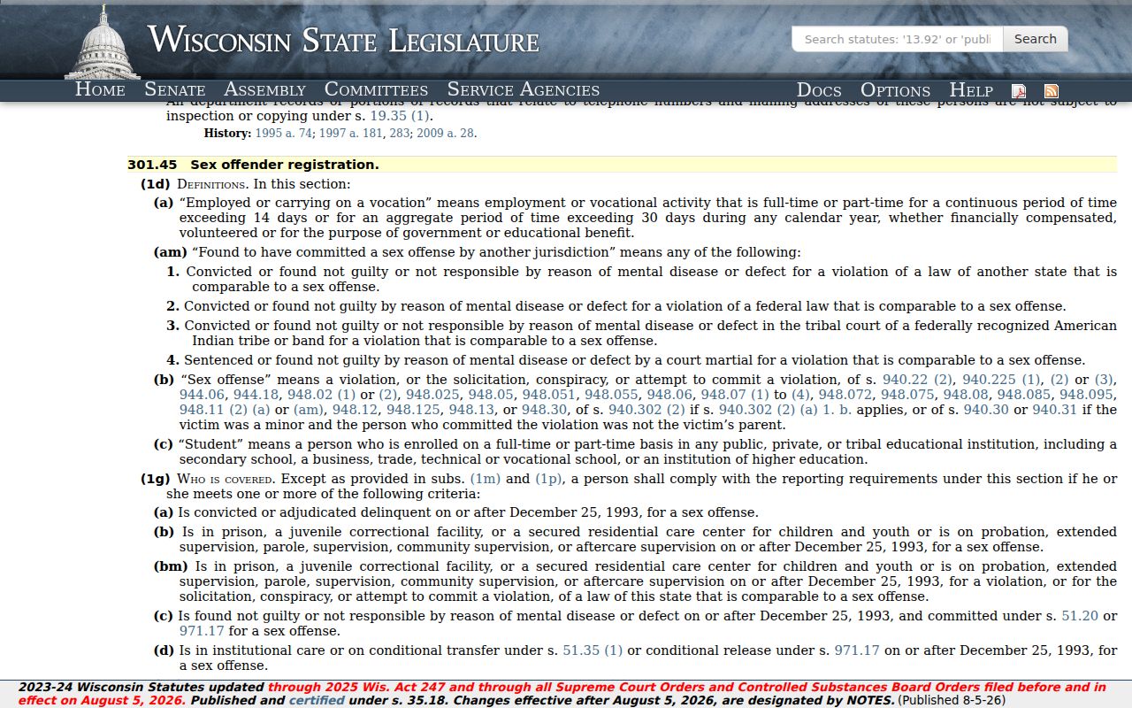 Waupaca County sex offender registration statute page